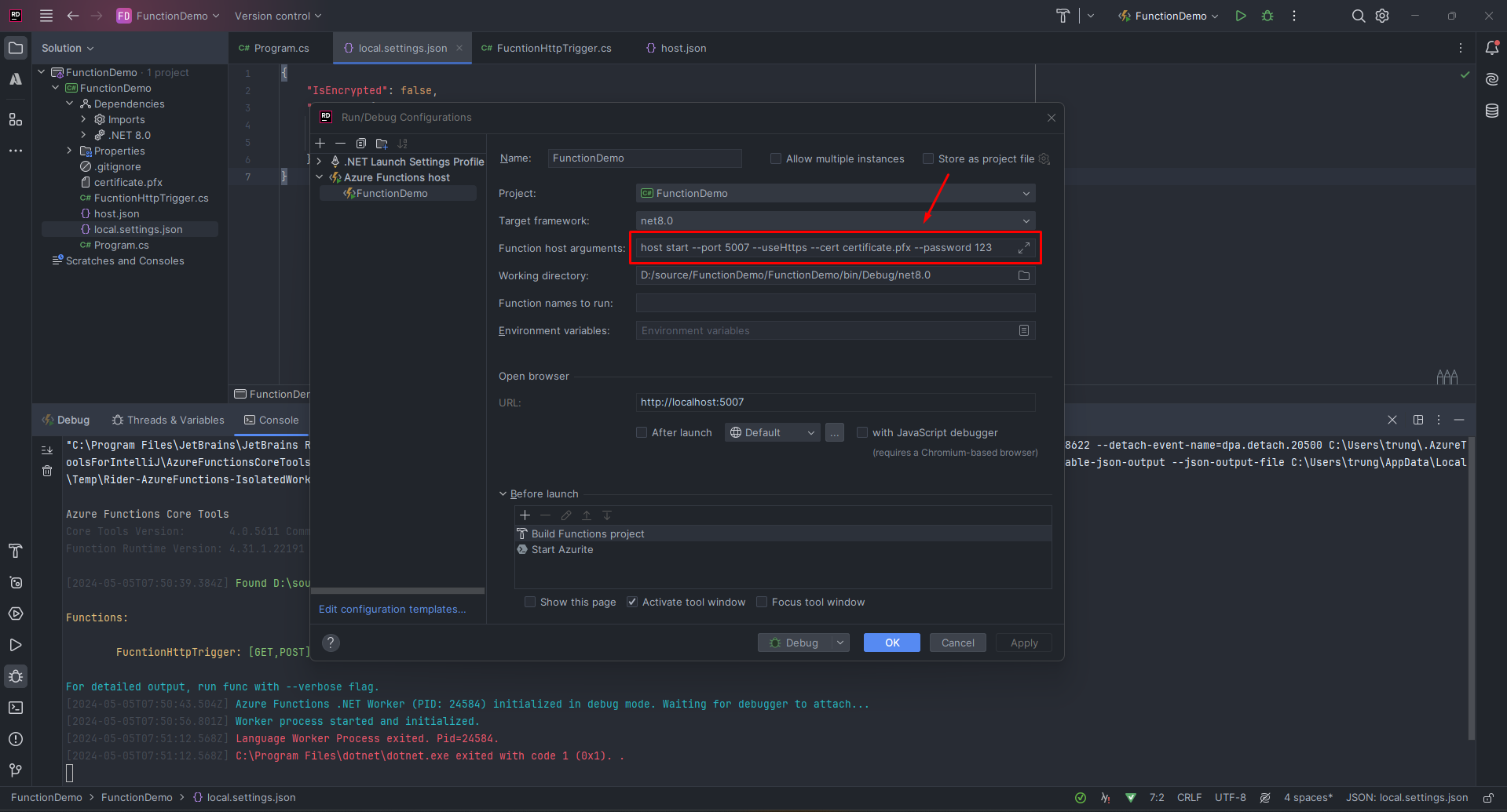 Azure Function dev certificate created