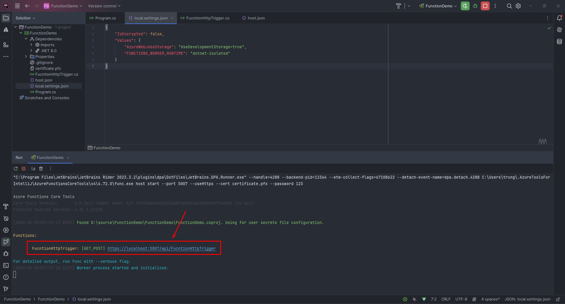 Azure Function running with HTTPS locally