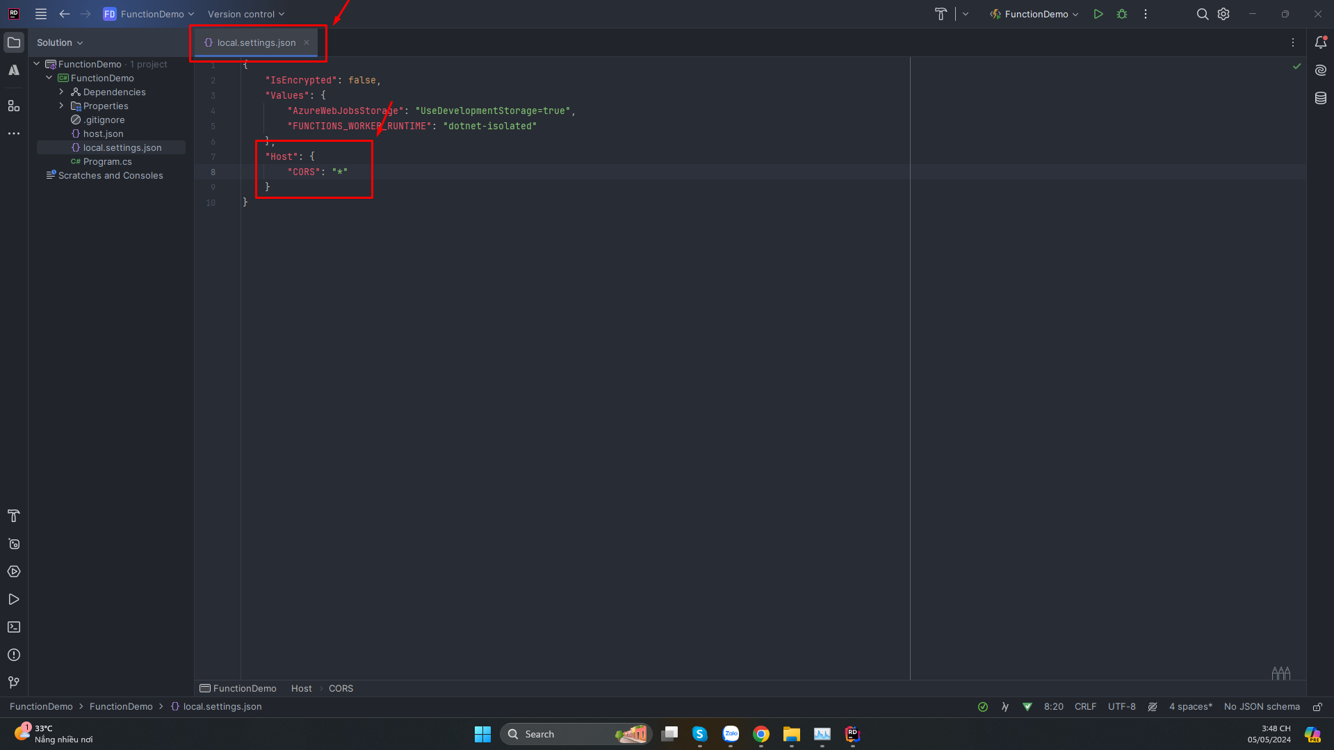 Local CORS settings in local.settings.json